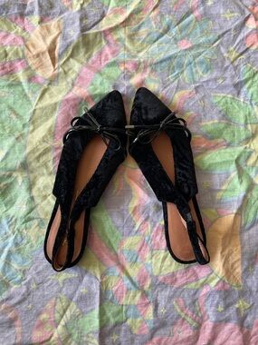 Intentionally Black Velvet Pointed Slingback Flats with Bow Detail